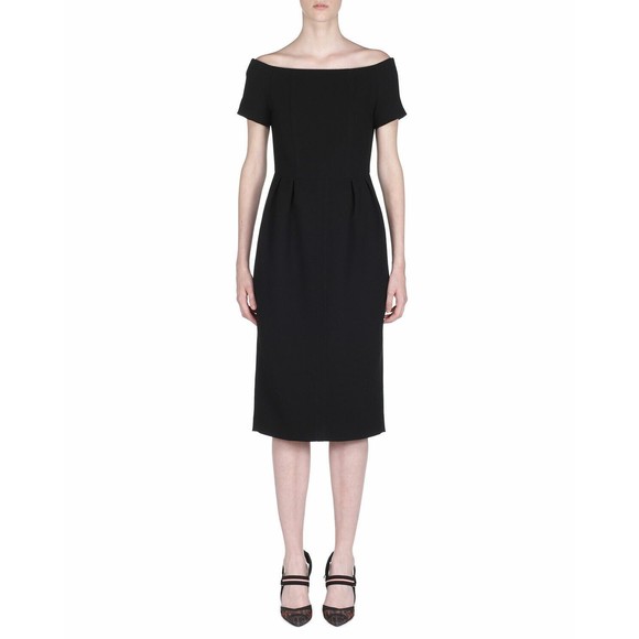 FENDI Roma Black Off Shoulder Crepe Wool Pleated Waist Midi LBD Dress 42 6US NEW - Picture 7 of 12